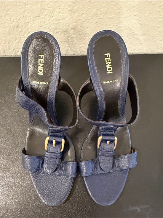 Fendi NEVER WORN Navy Blue Leather Wedge Slide Heels with Gold Hardware